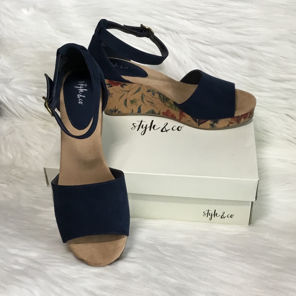 Style & Co Seleeney Open Toe Platform Wedge Sandals, Navy/Floral, 9.5M - NIB!